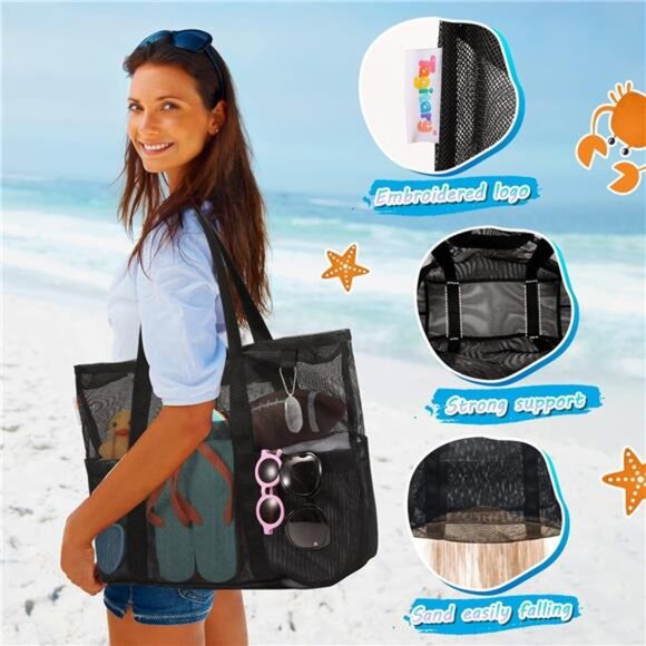 Mesh Beach Bag with Zipper Large Beach Tote Waterproof Sandproof with 8 Pockets - Picture 4 of 7